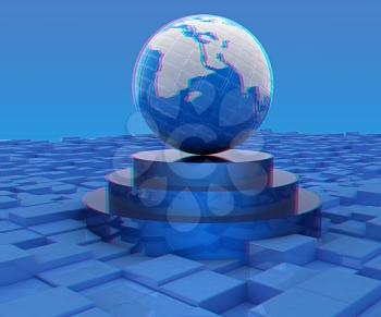 Earth on podium against abstract urban background. 3D illustration. Anaglyph. View with red/cyan glasses to see in 3D.