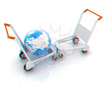 Trolley for luggage at the airport and earth. International tourism concept. 3D illustration. Anaglyph. View with red/cyan glasses to see in 3D.