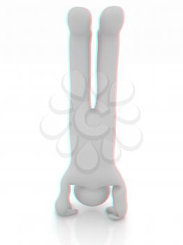 3d man isolated on white. Series: morning exercises - performs three-point head stand with hands on floor. 3D illustration. Anaglyph. View with red/cyan glasses to see in 3D.