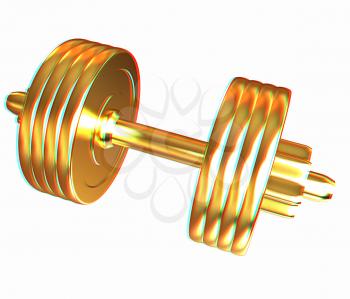 Gold dumbbells isolated on a white background. 3D illustration. Anaglyph. View with red/cyan glasses to see in 3D.