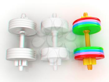 Colorfull dumbbells on a white background. 3D illustration. Anaglyph. View with red/cyan glasses to see in 3D.