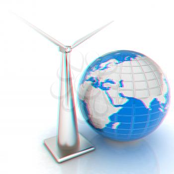 Wind turbine isolated on white. Global concept with eart. 3D illustration. Anaglyph. View with red/cyan glasses to see in 3D.