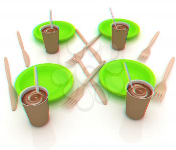 Coffe in fast-food disposable tableware. 3D illustration. Anaglyph. View with red/cyan glasses to see in 3D.