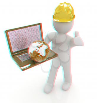 3D small people - an international engineer with the laptop and earth on a white background. 3D illustration. Anaglyph. View with red/cyan glasses to see in 3D.