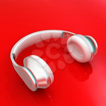 White headphones isolated on a red background . 3D illustration. Anaglyph. View with red/cyan glasses to see in 3D.