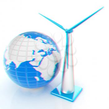 Wind turbine isolated on white. Global concept with eart. 3D illustration. Anaglyph. View with red/cyan glasses to see in 3D.