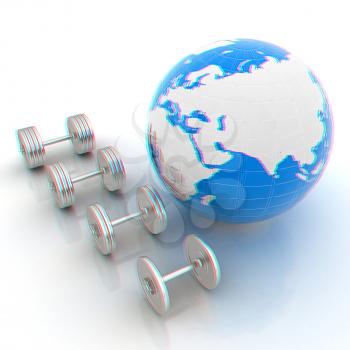 dumbbells and earth. 3D illustration. Anaglyph. View with red/cyan glasses to see in 3D.