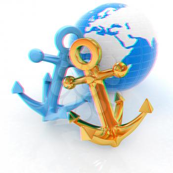 anchors and Earth. 3D illustration. Anaglyph. View with red/cyan glasses to see in 3D.