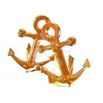 Gold anchors. 3D illustration. Anaglyph. View with red/cyan glasses to see in 3D.