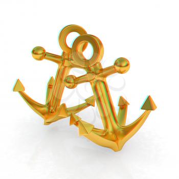 Gold anchors. 3D illustration. Anaglyph. View with red/cyan glasses to see in 3D.