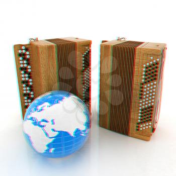 Musical instruments - retro bayans and Earth. 3D illustration. Anaglyph. View with red/cyan glasses to see in 3D.