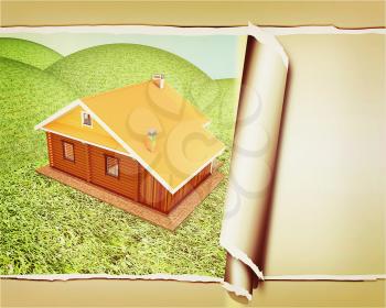 background of wooden travel house or a hotel, with torn paper . 3D illustration. Vintage style.