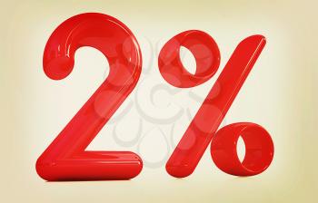 3d red 2 - two percent on a white background. 3D illustration. Vintage style.