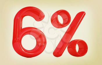 3d red 6 - six percent on a white background. 3D illustration. Vintage style.