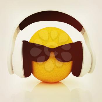 oranges with sun glass and headphones front face on a white background. 3D illustration. Vintage style.