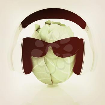 Green cabbage with sun glass and headphones front face on a white background. 3D illustration. Vintage style.