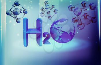 Global water background with molecule. 3D illustration. Vintage style.