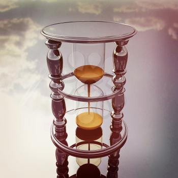 Chrome hourglass on a chrome reflective background. 3D illustration. Vintage style.