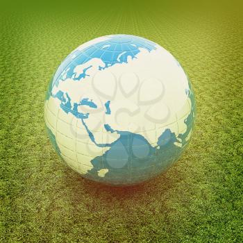 Earth on green grass. Abstract 3d illustration. 3D illustration. Vintage style.