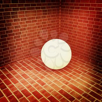 The white plastic ball in the corner of a brick . 3D illustration. Vintage style.