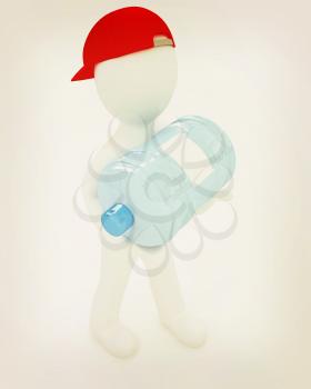 3d man carrying a water bottle with clean blue water on a white background. 3D illustration. Vintage style.