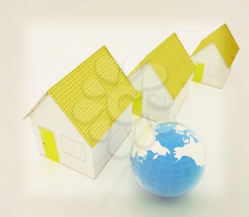Houses and Earth on a white background. 3D illustration. Vintage style.