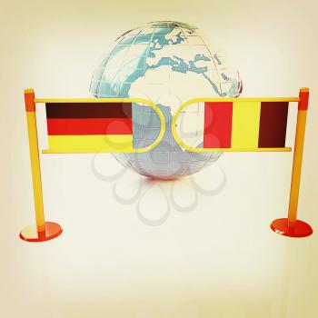 Three-dimensional image of the turnstile and flags of Germany and Belgium on a white background . 3D illustration. Vintage style.