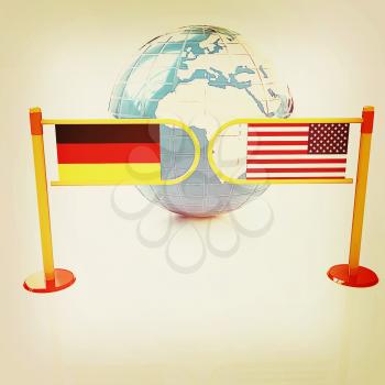 Three-dimensional image of the turnstile and flags of USA and Germany on a white background . 3D illustration. Vintage style.