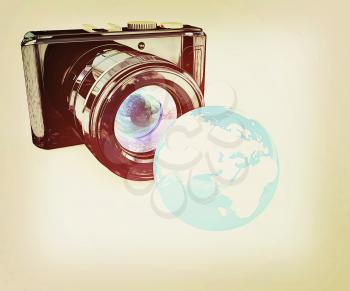 3d illustration of photographic camera and Earth on white background. 3D illustration. Vintage style.