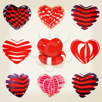 Set of 3d beautiful red heart on a white background. 3D illustration. Vintage style.
