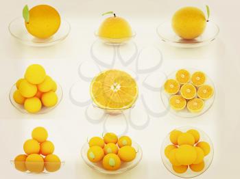 Set of half orange on a glass plate on a white . 3D illustration. Vintage style.