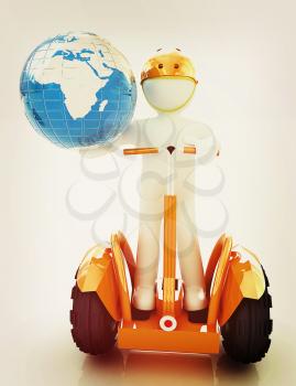 3d white person riding on a personal and ecological transport and earth.Global ecology and healthy life concept.3d image. . 3D illustration. Vintage style.