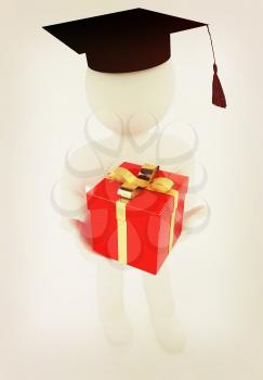 3d man in graduation hat with gift. 3D illustration. Vintage style.