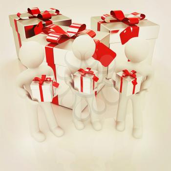 3d mans and gifts with red ribbon on a white background . 3D illustration. Vintage style.