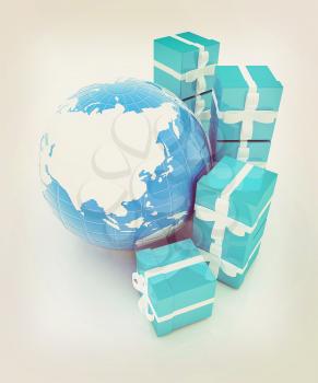 Traditional Christmas gifts and earth on a white background. Global holiday concept . 3D illustration. Vintage style.