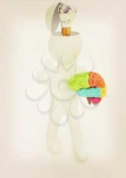 3d people - man with half head, brain and trumb up. Idea concept. 3D illustration. Vintage style.