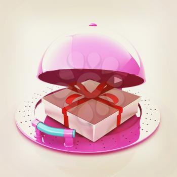 Illustration of a luxury gift on restaurant cloche on a white background . 3D illustration. Vintage style.