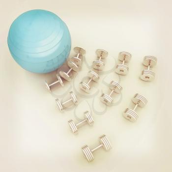 Fitness ball and dumbell. 3D illustration. Vintage style.