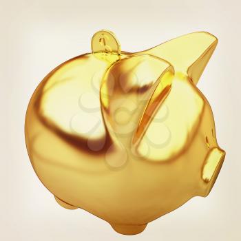 gold coin with with the gold piggy bank . 3D illustration. Vintage style.