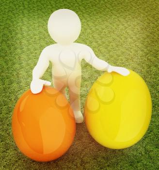 3d small person holds the big Easter egg in a hand. 3d image. On green grass. 3D illustration. Vintage style.