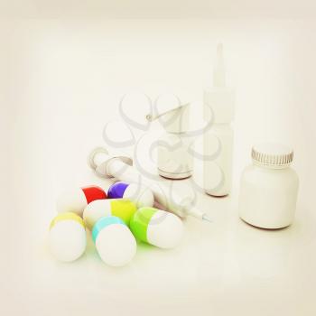 Syringe, tablet, pill jar. 3D illustration. 3D illustration. Vintage style.