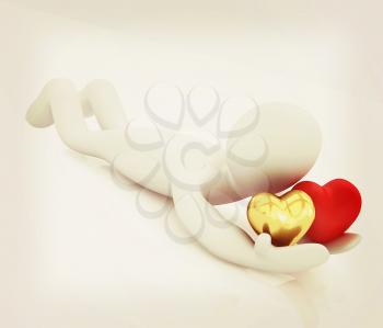 3D human lying and holds hearts. 3D illustration. Vintage style.