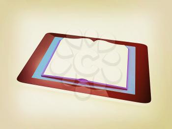 tablet pc and opened book on white background. 3D illustration. Vintage style.