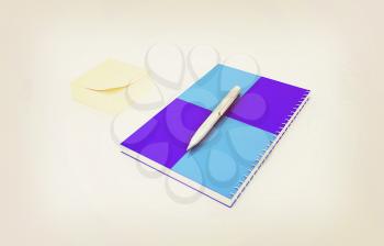 notepad with pen on a white. 3D illustration. Vintage style.