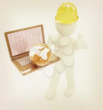3D small people - an international engineer with the laptop and earth on a white background. 3D illustration. Vintage style.