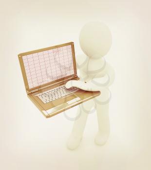 3d man with laptop on a white background. 3D illustration. Vintage style.