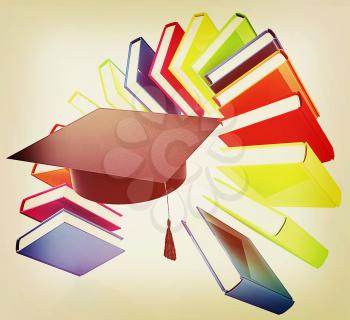 Colorful books like the rainbow and graduation hat on a white background. 3D illustration. Vintage style.