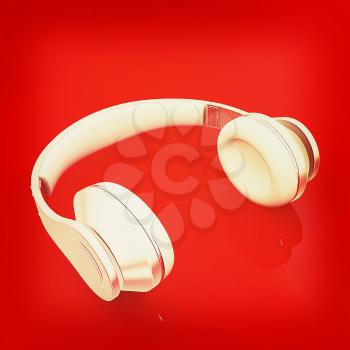 White headphones isolated on a red background . 3D illustration. Vintage style.