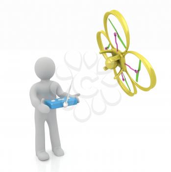 3d man with drone, quadrocopter, with photo camera. 3d render. 3D render