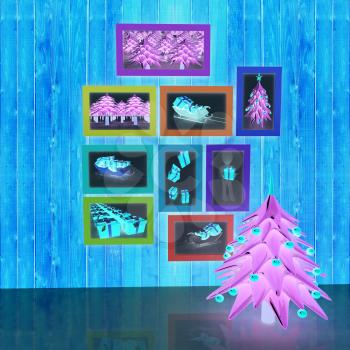 Mock up poster on the wood wall with christmas tree and decorations. 3d illustration
